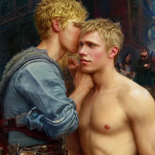 Image similar to attractive male, arthur pendragon who has blond hair confesses his love to attractive male, merlin who has dark hair. highly detailed painting by gaston bussiere, craig mullins, j. c. leyendecker 8 k