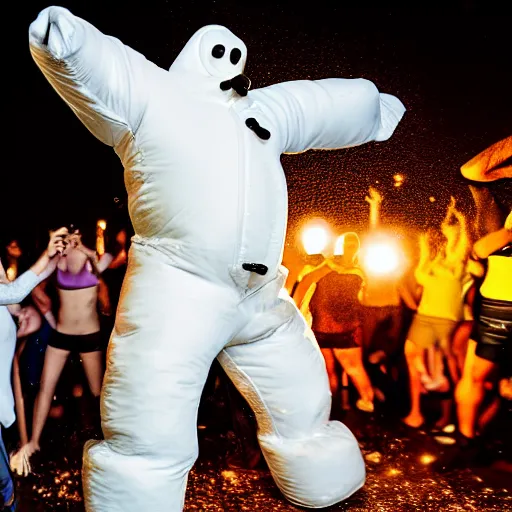 Image similar to cinematic photo of the michelin man dancing at a foam party with party lights