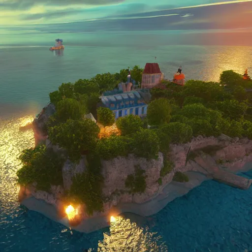 Image similar to lviv island on the sea, 8 k ultra realistic, lens flare, atmosphere, glow, detailed, intricate, full of colour, led lighting, 4 k, hyperrealistic, focused, extreme details, unreal engine 5, masterpiece