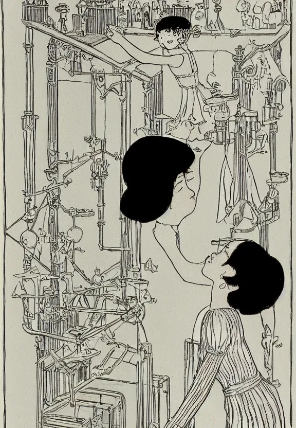 Image similar to a girl with black hair and a silver dress, detailed illustration, children's book, by winsor mccay
