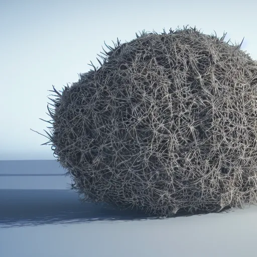 Image similar to a spaceship shaped like a tumbleweed, 3d render, photorealism, 8k, award winning , movie scene