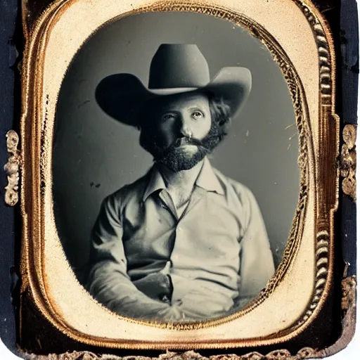 Image similar to White man with comically large cowboy hat daguerreotype