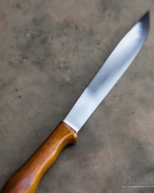 Prompt: A normal, average-looking kitchen knife; studio photo; product photo; bokeh, 90mm, f/1.4