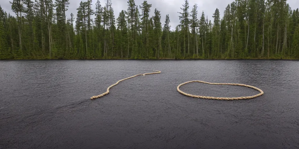 Image similar to photograph of a long rope snaking across the surface of the water, stretching out towards the vortex sinkhole at the center of the lake, a dark lake on a cloudy day, mood, trees in the background, anamorphic lens