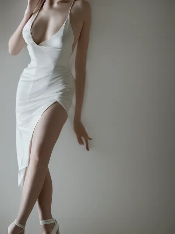 Image similar to studio photo of gorgeous seductive tall emily skinner cosplaying annie leonhart wearing open toe heels, wearing tight white wet dress, in a white room, beautiful face, pale skin, rule of thirds, cinematic lighting, sharp focus, backlit, stunning, smooth, hard focus, full body shot, shot on sony a 7 iii