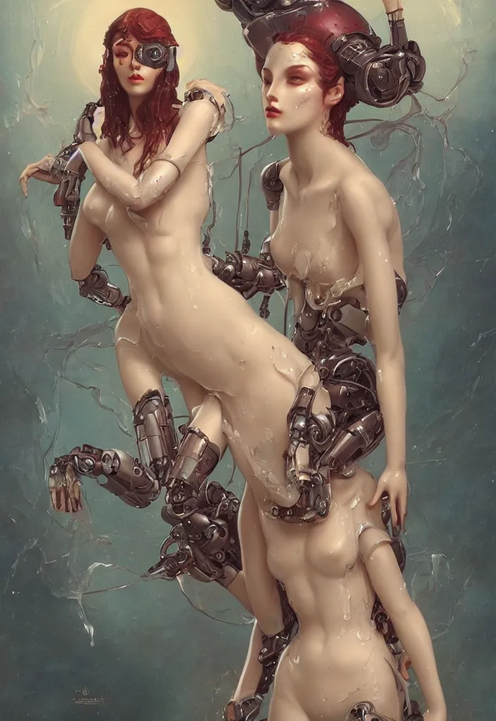 Image similar to portray of beautiful robot girl with porcelain wet glossy skin, look like a 3d model, alive statue, Ivan Bilibin, Ross Tran, Tom Bagshaw