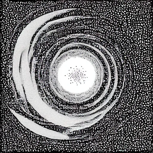 Prompt: The curvature of space in the astral realm. black and white pointillism