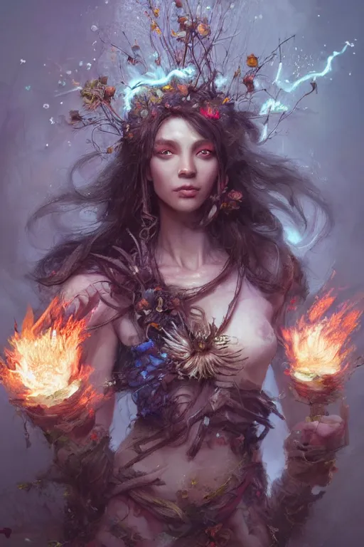 Image similar to beautiful girl druid, witch - doctor exploding into flowers, angels, 3 d render, hyper - realistic detailed portrait, holding fire and electricity, ruan jia, wlop. scifi, fantasy, magic the gathering, hyper detailed, octane render, concept art, peter mohrbacher