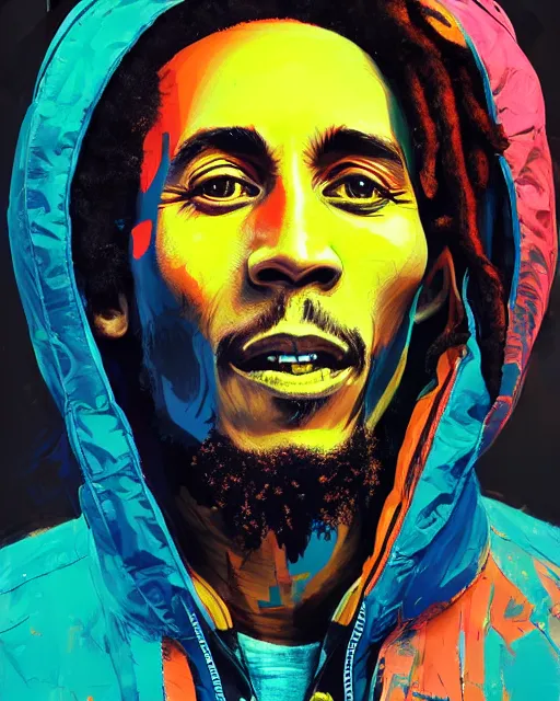 Image similar to detailed full body portrait of Bob Marley, cyberpunk futuristic neon, orange reflective puffy coat, decorated with traditional Japanese ornaments by Ismail inceoglu dragan bibin hans thoma greg rutkowski Alexandros Pyromallis Nekro Rene Maritte Illustrated, Perfect face, fine details, realistic shaded, fine-face, pretty face