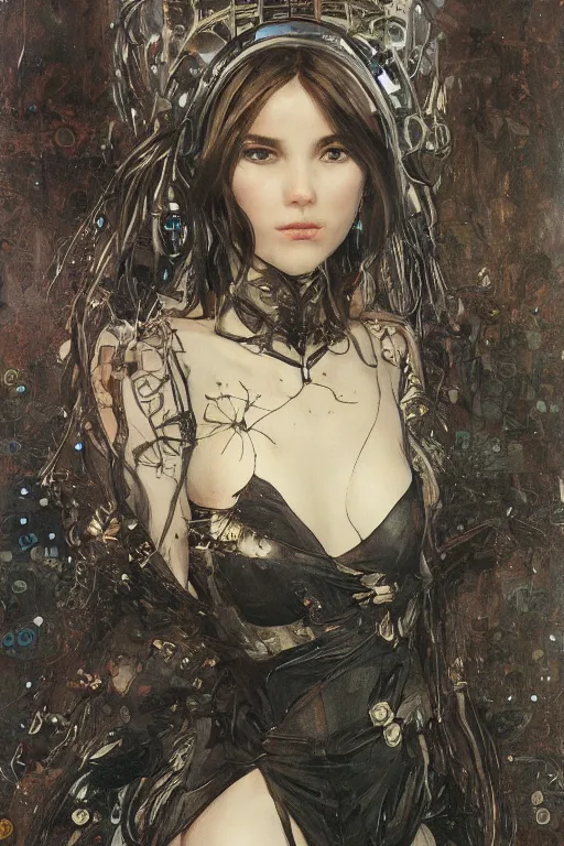 Image similar to portrait of beautiful young gothic maiden, cyberpunk, warhammer, highly detailed, artstation, illustration, art by gustav klimt