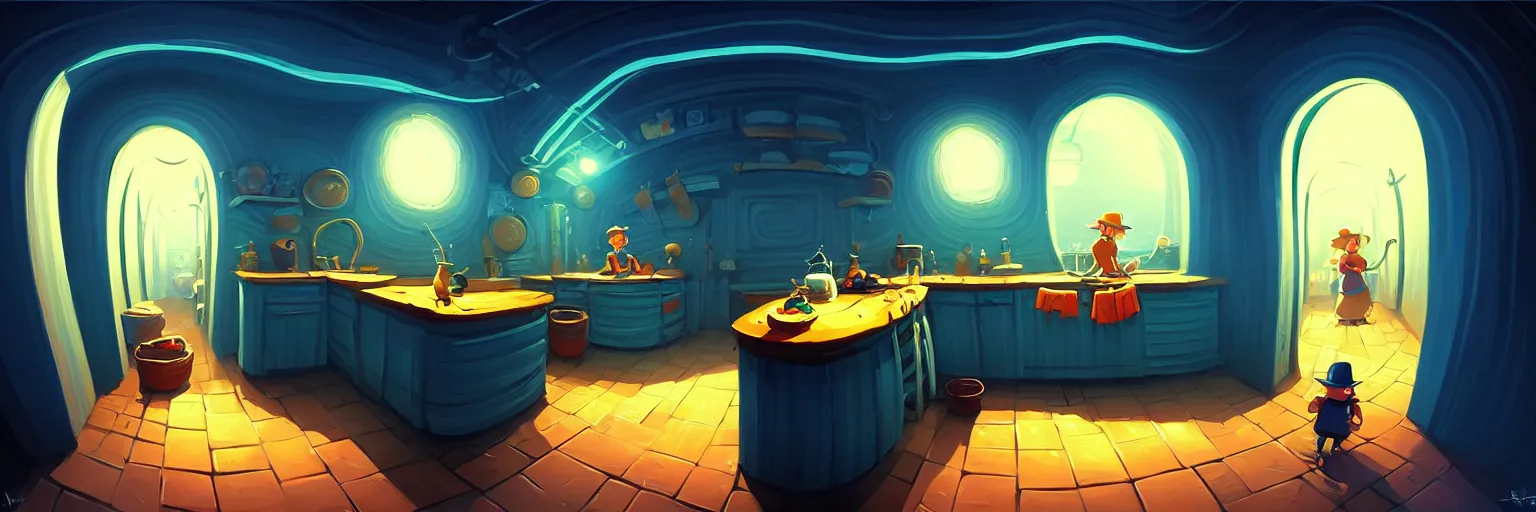 Prompt: underground, fisheye spiral lines, naive, extra narrow, detailed illustration of a basement kitchen, large floor, dimly lit by rhads from lorax movie, trending artstation, dark blue