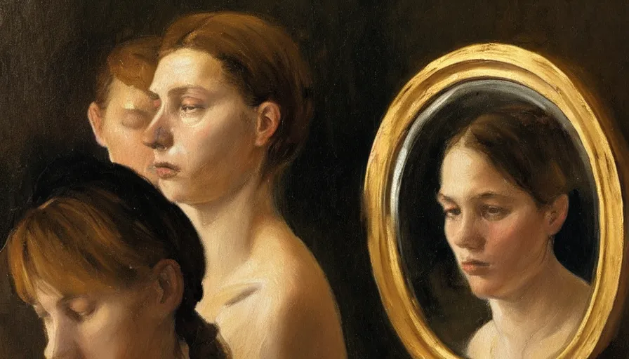 Prompt: painting by borremans, young woman in front of the mirror, detailed, stunning