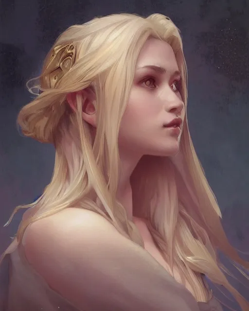 Image similar to '' Portrait of Beautiful blonde Slavic woman in her early 30’s, league of legends, LOL, fantasy, d&d, digital painting, artstation, concept art, sharp focus, illustration, art by greg rutkowski and alphonse mucha ''