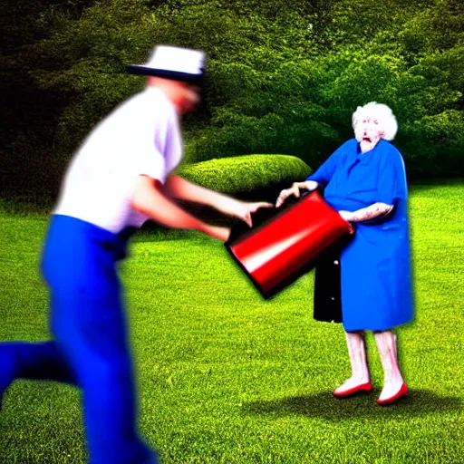 Prompt: Pepsi Man is throwing cans of pepsi at elderly woman. realistic photograph.