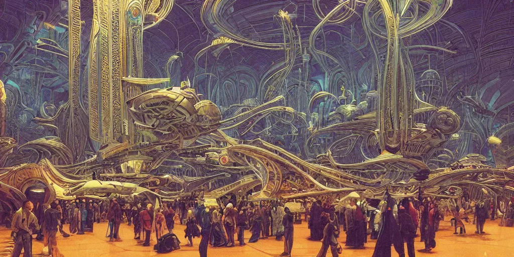 Image similar to a cinematic shot of the interior of a sci - fi space station with ornate elven architecture bustling with people by jean giraud moebius, crystalline, emerald, matte illustration by moebius