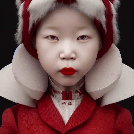 Image similar to 1900s beautiful albino Asian girl kid , unreal engine octane, red and white, portrait, gliter, depth of field, 8k, hyper detailed, tending on artstation