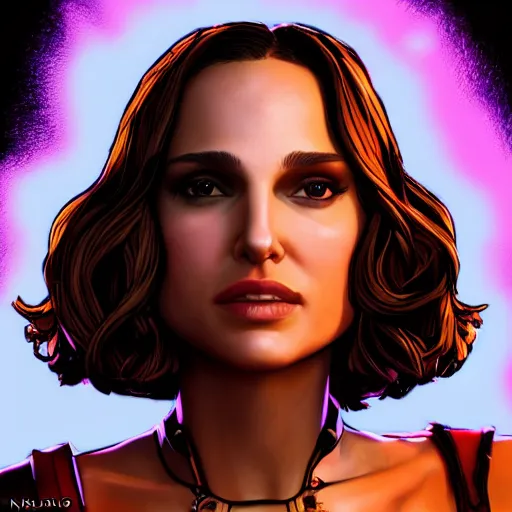 Image similar to natalie portman portrait, borderlands, tales from the borderlands, the wolf among us, comic, cinematic lighting, studio quality, 8 k