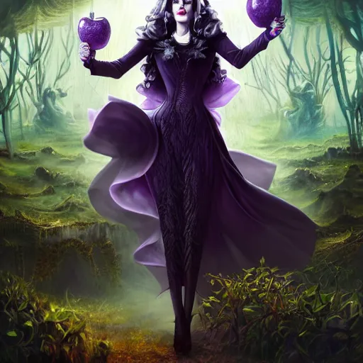 Prompt: evil queen holding up a crystal apple with both hands, wearing a black dress with big collar, a violet magical jungle in the background. in the style of magic the gathering, james jean, ross tran, craig mullins. yennefer vengerberg, magical atmosphere, superdetailed illustration, 3 d art overpain, 8 k