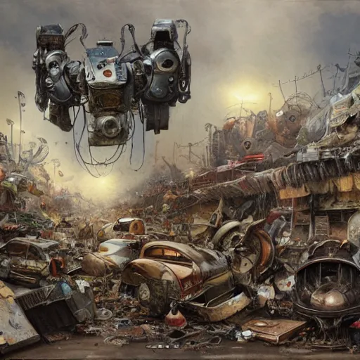 Prompt: Jean-Baptiste Monge and Alex Ross a artwork of a cluttered robot junkyard