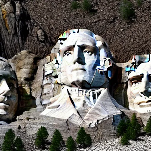 Prompt: a photo of mount rushmore after donald trump's face had been added. the photo clearly depicts the facial features of donald trump and his particular hair style carved into the stone at the mountain top, centered, balances, regal, pensive, powerful, just