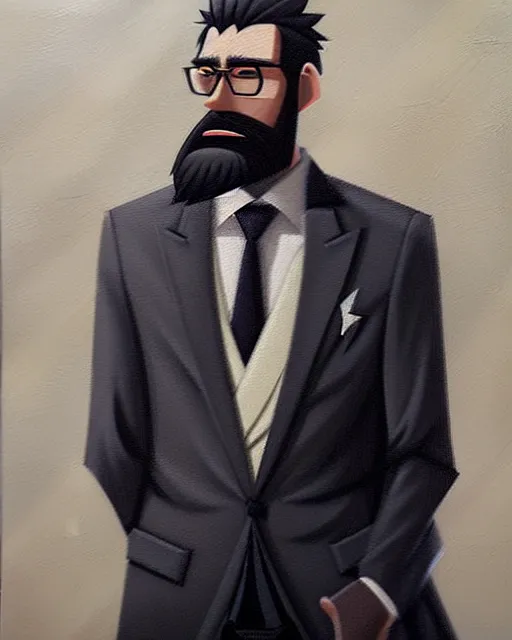 Image similar to a oil painting portrait of a stylish bearded man wearing suit outfit, by makoto shinkai trending on artstation