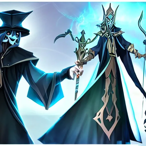 Image similar to Karthus from League of Legends holding a magical staff, laughing, anime art style