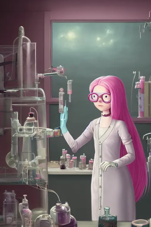 Image similar to highly detailed, cinematic still frame of adult princess bubblegum from adventure time, working in her science lab, wearing lab coat & saftey goggles, long bubblegum hair with long straight bangs, beautiful, attractive, extremely cute, illustration concept art by nicoletta ceccoli, mark ryden, lostfish, detailed and intricate environment, 8 k resolution, hyperrealistic, octane render