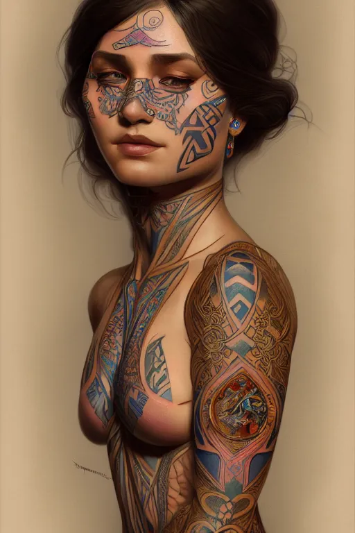 Image similar to body portrait of beautiful annubian tribal tattooed young pincess, intricate, elegant, highly detailed, digital painting, artstation, concept art, smooth, sharp focus, illustration, art by artgerm and greg rutkowski and alphonse mucha, 8 k