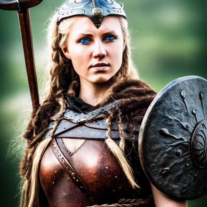 Prompt: professional photograph of a beautiful! female viking warrior. Extremely detailed. 8k