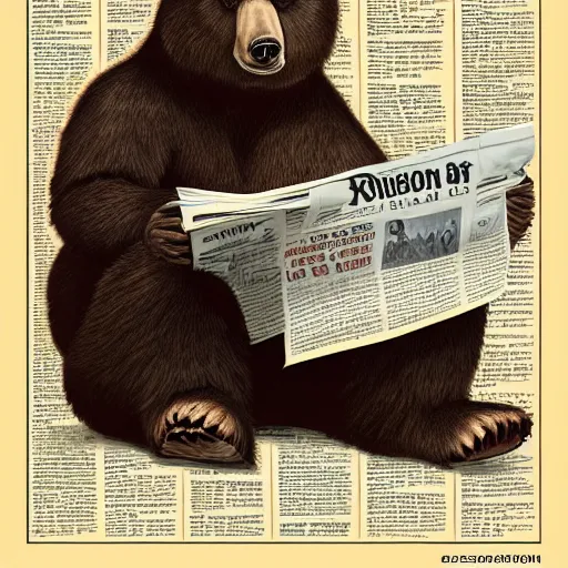 Prompt: a bear wearing a paisley shirt reading newspapers, highly detailed, portrait painting, illustration by scott gustafson and art station