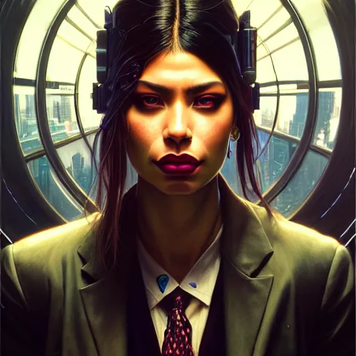 Image similar to portrait painting of a cyberpunk corporate boss amber midthunder, ultra realistic, concept art, intricate details, eerie, highly detailed, photorealistic, octane render, 8 k, unreal engine. art by artgerm and greg rutkowski and charlie bowater and magali villeneuve and alphonse mucha