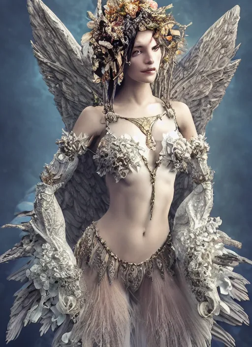 Prompt: expressive full body photo of a female model as beautiful angel, ornate headpiece made from flowers, ivory, ornaments, glamour shot, by karol bak, by stefan gesell, octane render, unreal engine, photorealistic, canon r 3, fashion photography, studio shot, environmental portrait, dark fantasy, dark beauty, magazine, symmetrical features