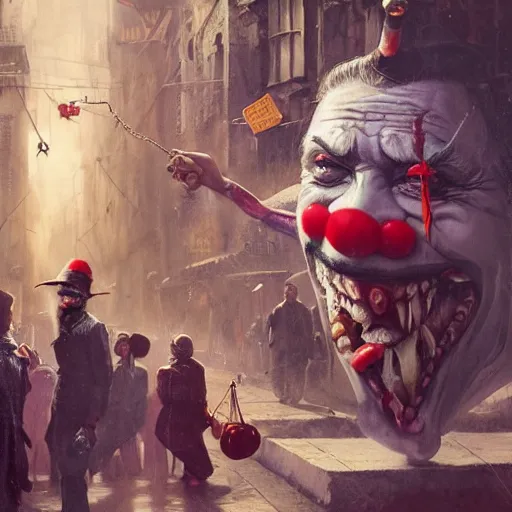 Prompt: a vicious clown with a detailed face at a crowded urban street making an offer you cant refuse, fantasy oil, greg rutkowski, higly detailed, 4 k