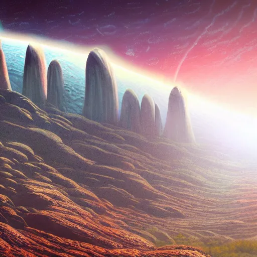 Prompt: fine illustration of exaggerated landscape gorge on an exoplanet, alien edifice, rock formations, twilight