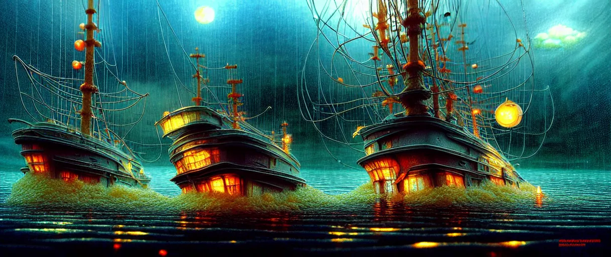 Image similar to cruising ship sailing at miniature megalopolis future, raining night at flooded miniature city, godrays, god helping mystic soul by yoshitaka amano, and artgerm, gediminas pranckevicius