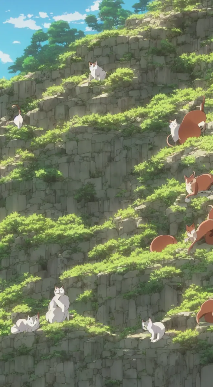 Image similar to fat cats rolling off a cliffside, screenshot from the anime film by makoto shinkai