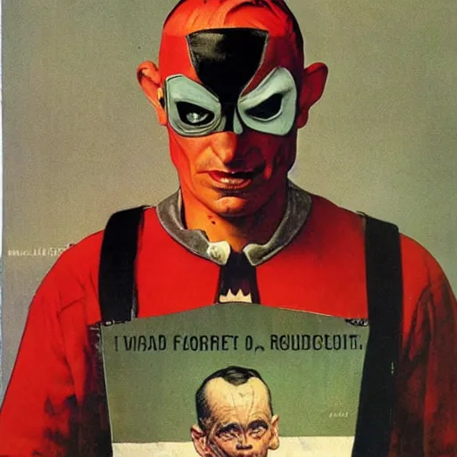 Image similar to A frontal portrait of a person wearing a deeply disturbing superhero costume. A painting by Norman Rockwell.