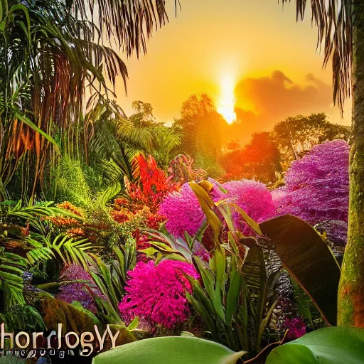 Image similar to an enchanted forest full of beautiful tropical flowers, with a sunset, by alex horley, bokeh photography, amaranth colour