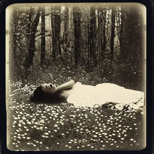 Prompt: portrait of a beautiful woman corpse covered in flowers in the middle of a Forest, ray gods, 1910 polaroid photography,