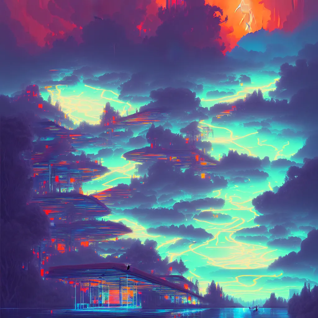 Image similar to illustration of a data-center architecture, connector, firewall, cloud, security, river, trees, thunderstorm, trending on Artstation, painting by Jules Julien, Leslie David and Lisa Frank and Peter Mohrbacher and Alena Aenami and Dave LaChapelle muted colors with minimalism