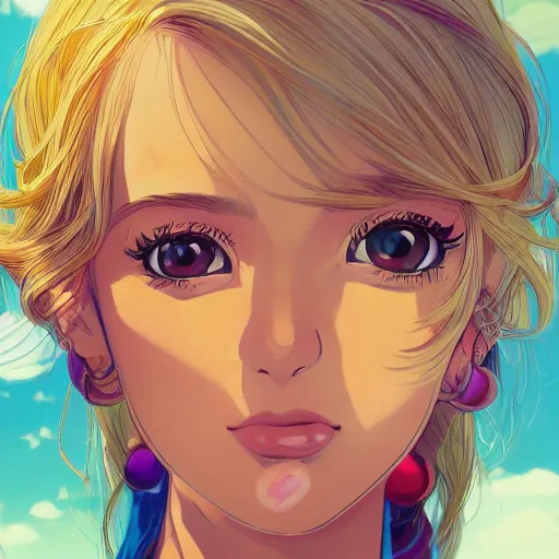 Image similar to portrait of a beautiful girl with blonde hair dressed in 1960's hippie fashion, park background, rich vivid colors, ambient lighting, dynamic lighting, 4k, HQ, official media, anime key visual, makoto shinkai, ilya kuvshinov, lois van baarle, rossdraws, detailed, trending on artstation