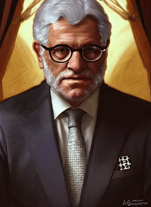 Image similar to sergio mattarella, b, wearing a suit, tarot card, deep focus, d & d, fantasy, intricate, elegant, highly detailed, digital painting, artstation, concept art, matte, sharp focus, italian flag, illustration, hearthstone, art by artgerm and greg rutkowski and alphonse mucha