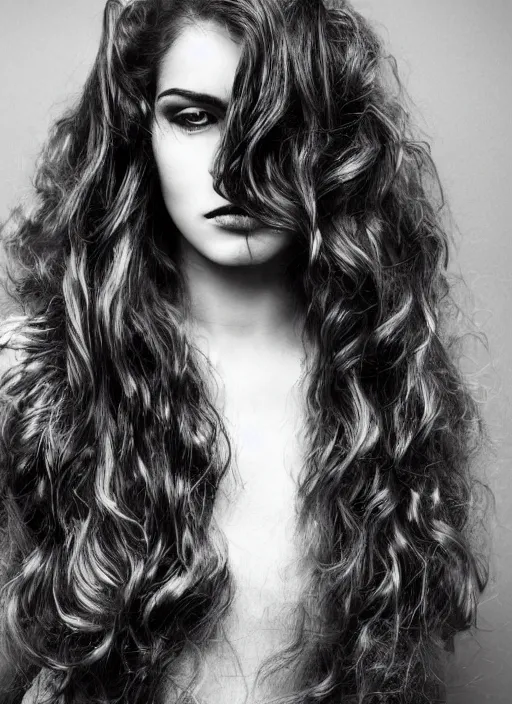 Image similar to dramatic photo of a woman with super wavy snake marble hair. moody and melanchonic. with a bit of gold