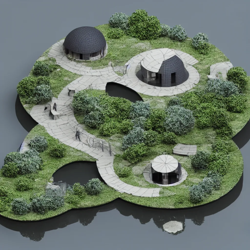 Prompt: architectural model, isometric view, 3 d render, studio lighting, low contrast, dark background, highly detailed, a circular house with circular courtyards floating on water at the sloping edge of a lake, dead tree