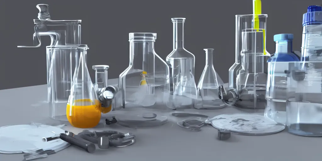 Image similar to instruments being used to mix chemicals, scientist, blender, 3d, apartment