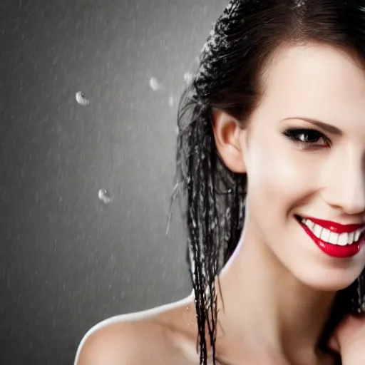 Image similar to professional headshot of an elegant female vampire smiling, the side of her face is sprayed with droplets of blood. high resolution, realistic, professional lighting, nikon camera, 8 k, imdb. com