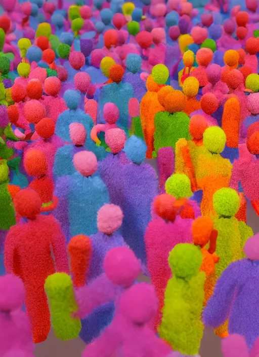 Image similar to group of giant sakura-colored people dancing made out of fluffy pipecleaners in the style of Jean-Michel Basquiat, 3D cinematic lighting, spotlight at a 90 DEGREE ANGLE, photorealism, octane render, depth of field, 8k, 35mm, artgem, Trending on artstation