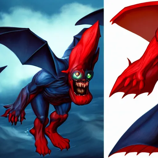 Image similar to front and back character view of scary, giant, mutant, mutated, dark blue humanoid bat, glowing red eyes, flying above a stormy ocean, sharp teeth, acid leaking from mouth, realistic, giant, bat ears, bat nose, bat claws, bat wings, furred, covered in soft fur, detailed, trending on artstation clean concept art and sheet that using unreal engine 5 render and hyper detailed 3D texture with cinematic software light 85mm f/1.4