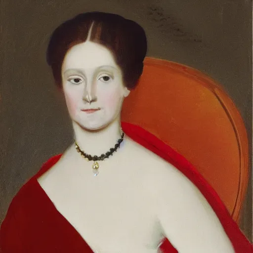 Image similar to painting of a woman seated in profile, holding a small white ermine in her left hand. She is dressed in a lavish red and gold gown, and her dark hair is pulled back from her face in a severe style. Her expression is one of calm detachment, and she stares straight ahead with a slight smile on her lips.