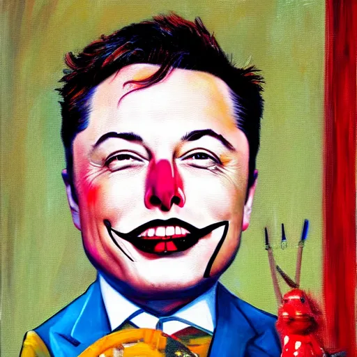 Image similar to oil canvas of elon musk as sad clown